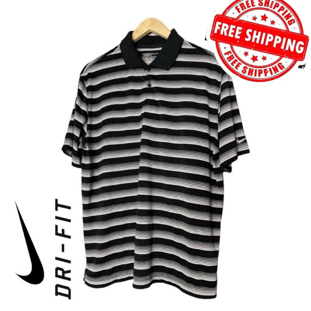Nike Golf Dri Fit Men’s Black/White Striped Polo Shirt Size Large FREE SHIPPING